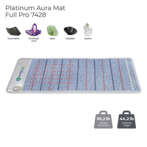 Light blue textured Platinum Aura mat by HealthyLine, with red dots, and displayed tourmaline, amethyst, jade, obsidian, and quartz crystals.