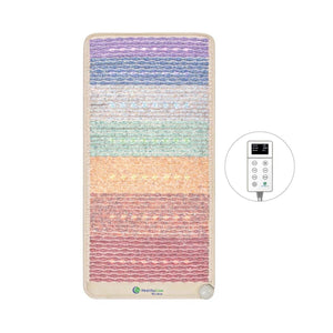 Multi-colored Rainbow Chakra Mat by HealthyLine with seven wavy color bands, embedded lights, and a white controller.