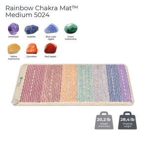 Medium Rainbow Chakra Mat by HealthyLine, featuring colorful stone sections, individual crystal examples, and product weights.