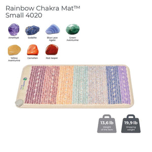 Rainbow Chakra mat by HealthyLine, displaying colorful sections alongside examples of amethyst, sodalite, and other healing crystals.