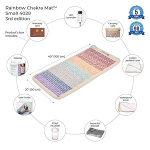 Rainbow-colored quilted chakra mat by HealthyLine, measuring 40x20 inches, displayed with an LED controller and accessories.