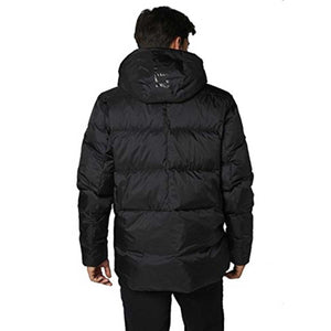 Black puffer winter parka jacket by Helly Hansen, shown from the back with a hood, worn by a man.