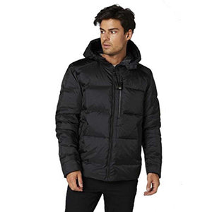 Black hooded men's parka jacket by Helly Hansen, a puffer style with a full zip closure, worn by a man.