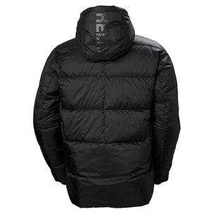 Black men's active winter parka jacket by Helly Hansen, shown from the back with a quilted design and 'HELLY' on the hood.