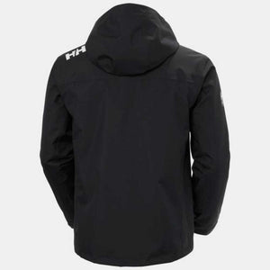 Black men's hooded jacket by Helly Hansen, with an HH logo on the left shoulder and partial brand logo on the right sleeve, viewed from the back.