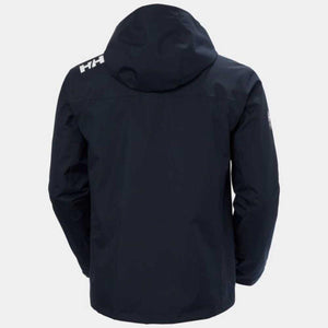 Navy blue men's hooded midlayer jacket by Helly Hansen, shown from the back with a white HH logo on the right shoulder.