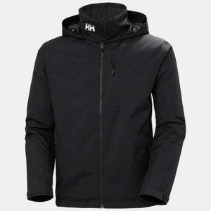Black hooded midlayer jacket by Helly Hansen, featuring an HH logo on the collar, front zipper, and zippered pockets.