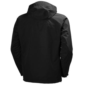 Black men's hooded jacket by Helly Hansen, with long sleeves, seen from the back.