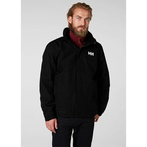 Black men's Dubliner jacket by Helly Hansen, with a high collar and white HH logo, worn over a maroon shirt and dark pants.