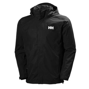 Black hooded men's jacket by Helly Hansen with long sleeves and a white HH logo on the chest, displayed front view.