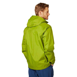 Bright green men's hooded jacket by Helly Hansen, shown from the back, worn with blue pants.