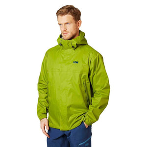 Lime green Men's Loke Jacket by Helly Hansen, with a hood and HH chest logo, on a man wearing blue pants.