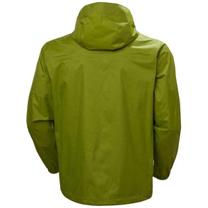 Green hooded jacket by Helly Hansen, back view, made of lightweight material.