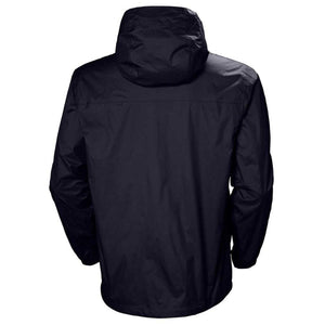 Dark navy Men's Loke Jacket by Helly Hansen, hooded and lightweight, shown from the back.