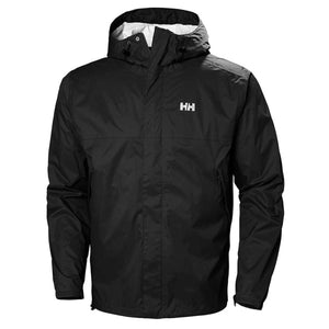 Black men's hooded Loke jacket by Helly Hansen with white HH logo on the chest and visible side pockets.
