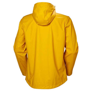 Yellow rain jacket by Helly Hansen, shown from the back with a hood and long sleeves.