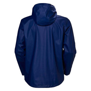 Dark blue men's Moss jacket by Helly Hansen, back view, with a hood and glossy finish.