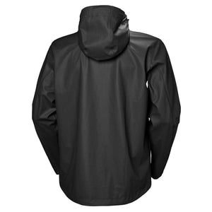 Black men's rain jacket by Helly Hansen, shown from the back with an attached hood.