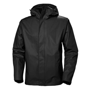 Black Men's Moss Jacket by Helly Hansen, a hooded rain jacket with a smooth, matte finish.