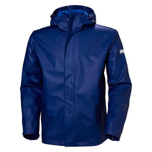 Blue men's hooded jacket by Helly Hansen, with a shiny finish and white HH logo on the left sleeve.