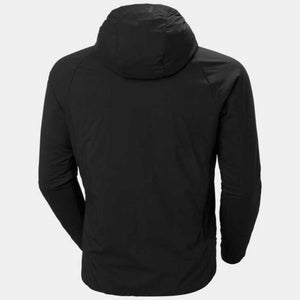 Black hooded insulator jacket by Helly Hansen, back view featuring raglan sleeves and a subtle hood logo on a light grey background.