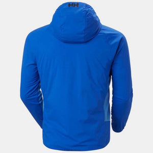Blue hooded insulator jacket by Helly Hansen with HH logo on hood and lighter side panels, back view.