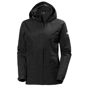 Black women's hooded jacket by Helly Hansen, featuring a stand-up collar, long sleeves, and a white 'H' logo on the left arm.