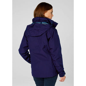 Women's navy blue Aden jacket by Helly Hansen, back view, with a hood featuring a plaid lining and adjustable cuffs.