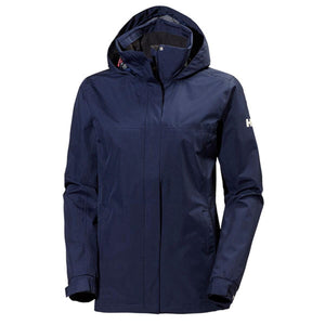 Women's navy blue hooded jacket by Helly Hansen with high collar and H logo on sleeve.