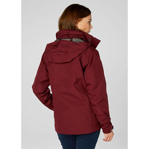 Burgundy women's Aden jacket by Helly Hansen, shown from the back with a hood and high collar.