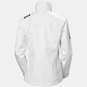 White women's crew jacket by Helly Hansen, shown from the back with a black HH logo and sleeve patch.