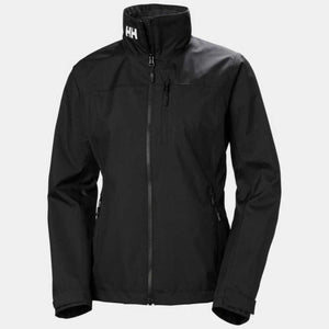 Black Women's Crew Jacket by Helly Hansen with a high collar featuring a white HH logo, front zip, and pockets.