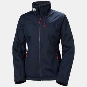 Navy blue women's crew jacket by Helly Hansen, featuring a high collar with white HH logo and red zipper pulls.
