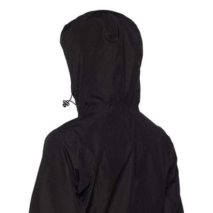 Black Women's Long Belfast Jacket by Helly Hansen, shown from the back with a hood, drawstring, and toggle.