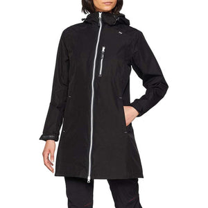 Black long jacket by Helly Hansen with a hood, white front and chest zippers, and 'HELLY TECH' on sleeve.