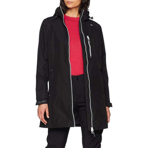 Women's black long jacket by Helly Hansen with full white zipper, chest pocket, and 'HELLY TECH' logo on sleeve, worn over a red shirt.