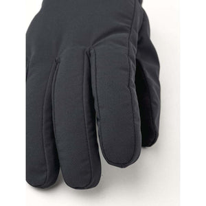 Black gloves by Hestra, showing a close-up of the fingers and palm with a subtle texture.