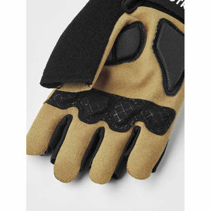 Tan Bike Guard Short 5-Finger gloves by Hestra, with black padded palm and textured grip, partially cropped.