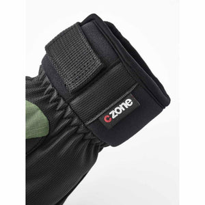 Black and green gloves by Hestra, with mesh texture, a hook-and-loop wrist strap, and cZone logo.