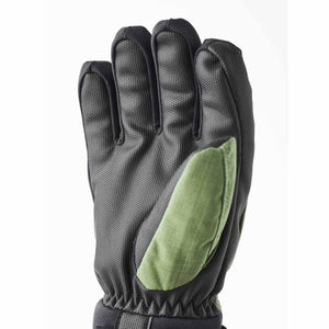 Dark grey textured gloves by Hestra with an olive green palm patch and reinforced fingertips, shown palm up.