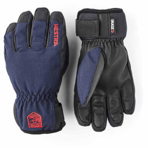 Dark blue and black gloves by Hestra with elasticated wrists, red Hestra lettering, and C Zone branding.
