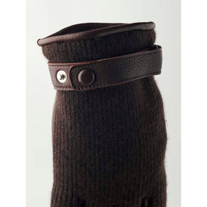 Men's dark brown elk cashmere glove by Hestra, featuring a pebbled leather wrist strap with a silver snap closure.