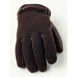 Men's dark brown elk cashmere gloves by Hestra, with ribbed knit and leather details, including a cuff strap.