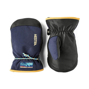 Navy blue and black junior mittens by Hestra, featuring a multi-colored cord, yellow cuff trim, and a brand label.