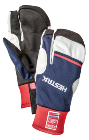 Pair of black, navy blue, white, and red 3-finger gloves by Hestra, featuring the brand logo.