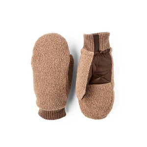 Tan sherpa and leather mittens by Hestra with ribbed knit cuffs and a fingerless flap.