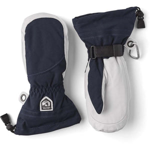Pair of navy and light gray mittens by Hestra with elastic cuffs, adjustable wrist straps, and a carabiner clip.