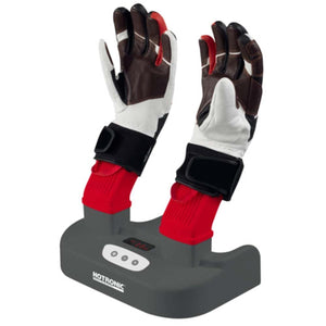Gray and red dryer by Hotronic, with two brown, white, and red gloves positioned upright.