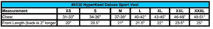 Deluxe Sport Vest sizing chart by HyperKewl, displaying chest and front length measurements for sizes XS to XXXL.