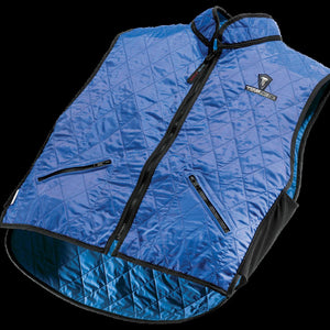 Blue diamond-quilted cooling vest by HyperKewl, with black zippers, trim, stretchy side panels, and a 'TECHNIKE' logo.